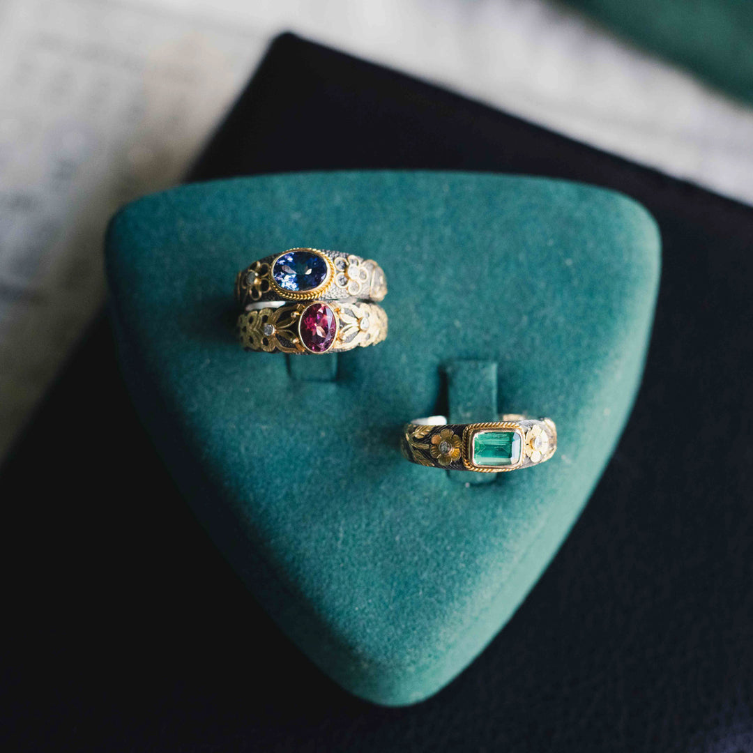Tanzanite & Diamond Silver Ring with 18ct Gold Ornaments