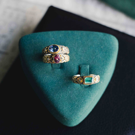Tanzanite & Diamond Silver Ring with 18ct Gold Ornaments
