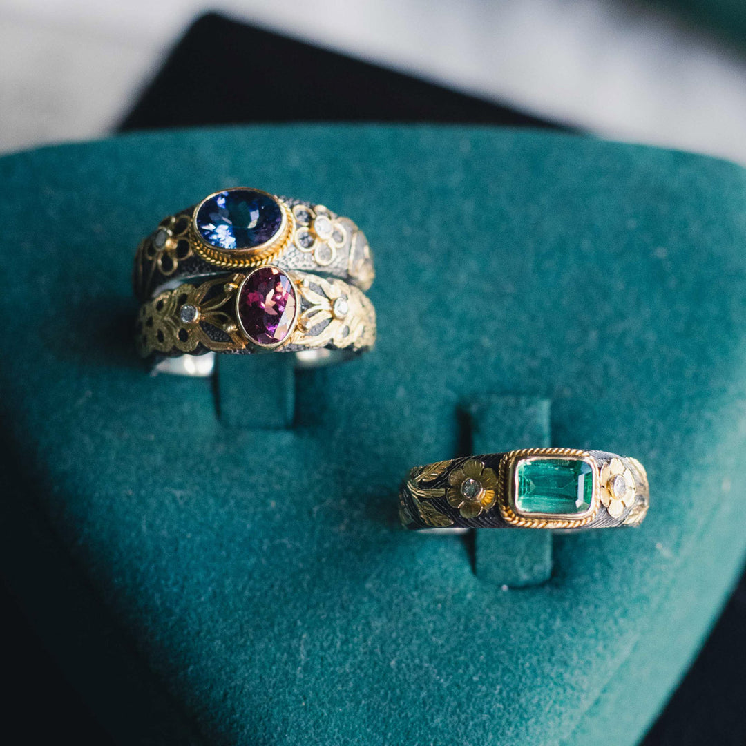 Emerald & Diamond Silver Ring with 18ct Gold Ornaments