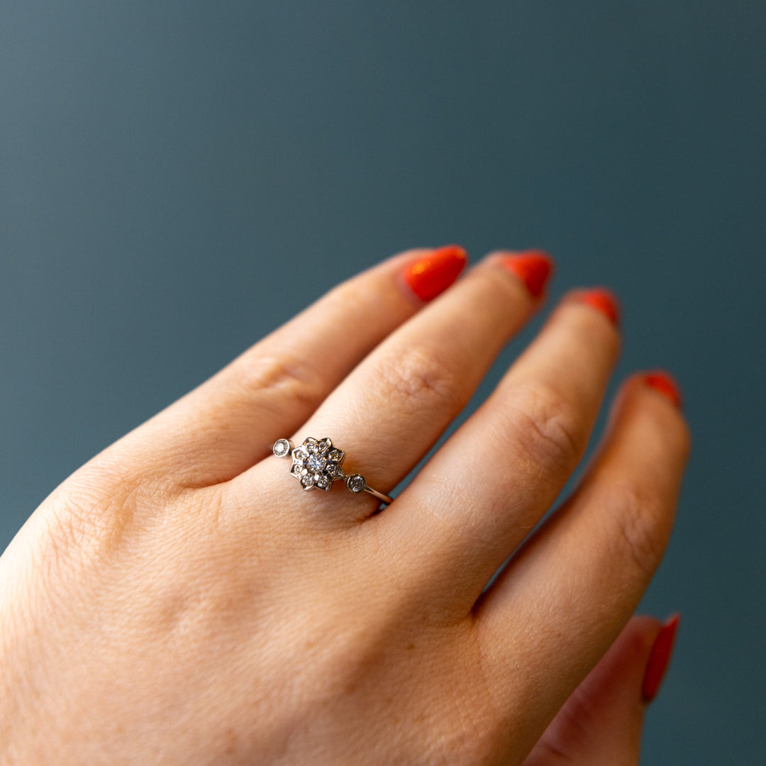9ct White Gold Flower Ring with Diamonds