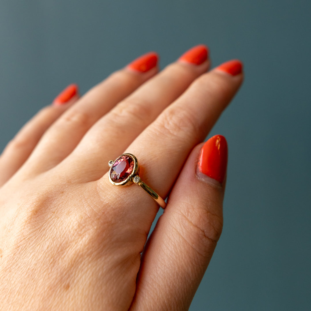 14ct Pink Tourmaline Ring with Diamonds