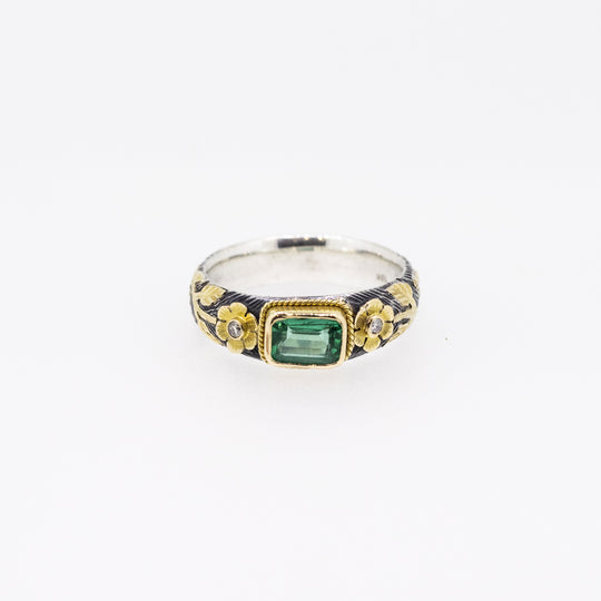 Emerald & Diamond Silver Ring with 18ct Gold Ornaments