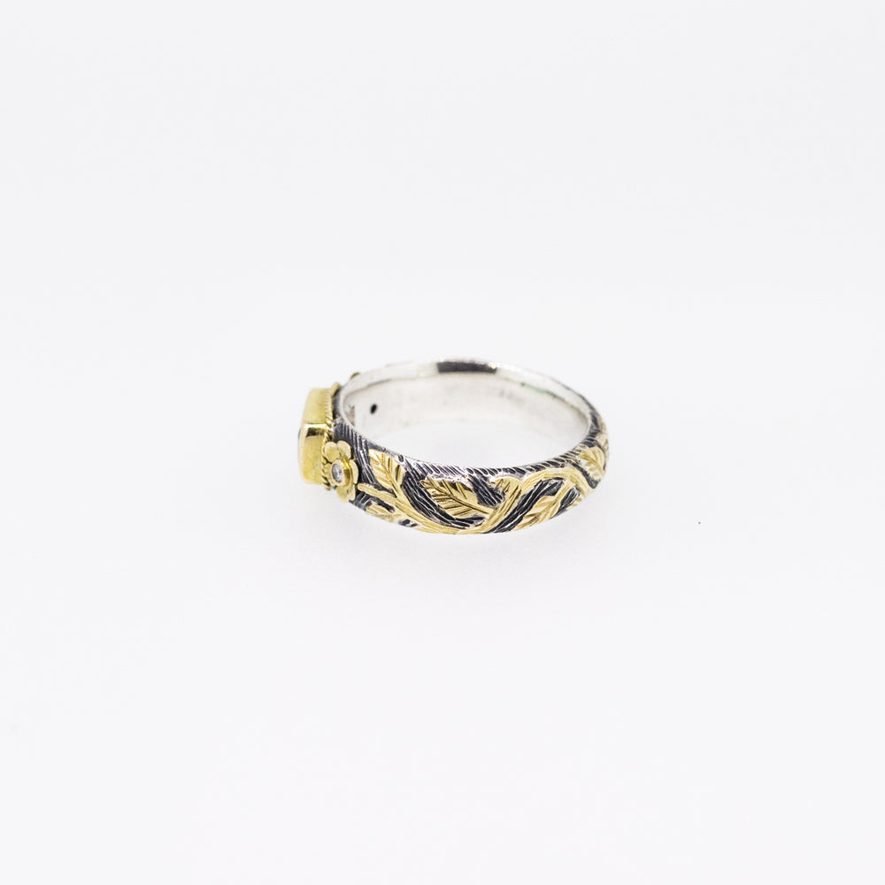 Emerald & Diamond Silver Ring with 18ct Gold Ornaments