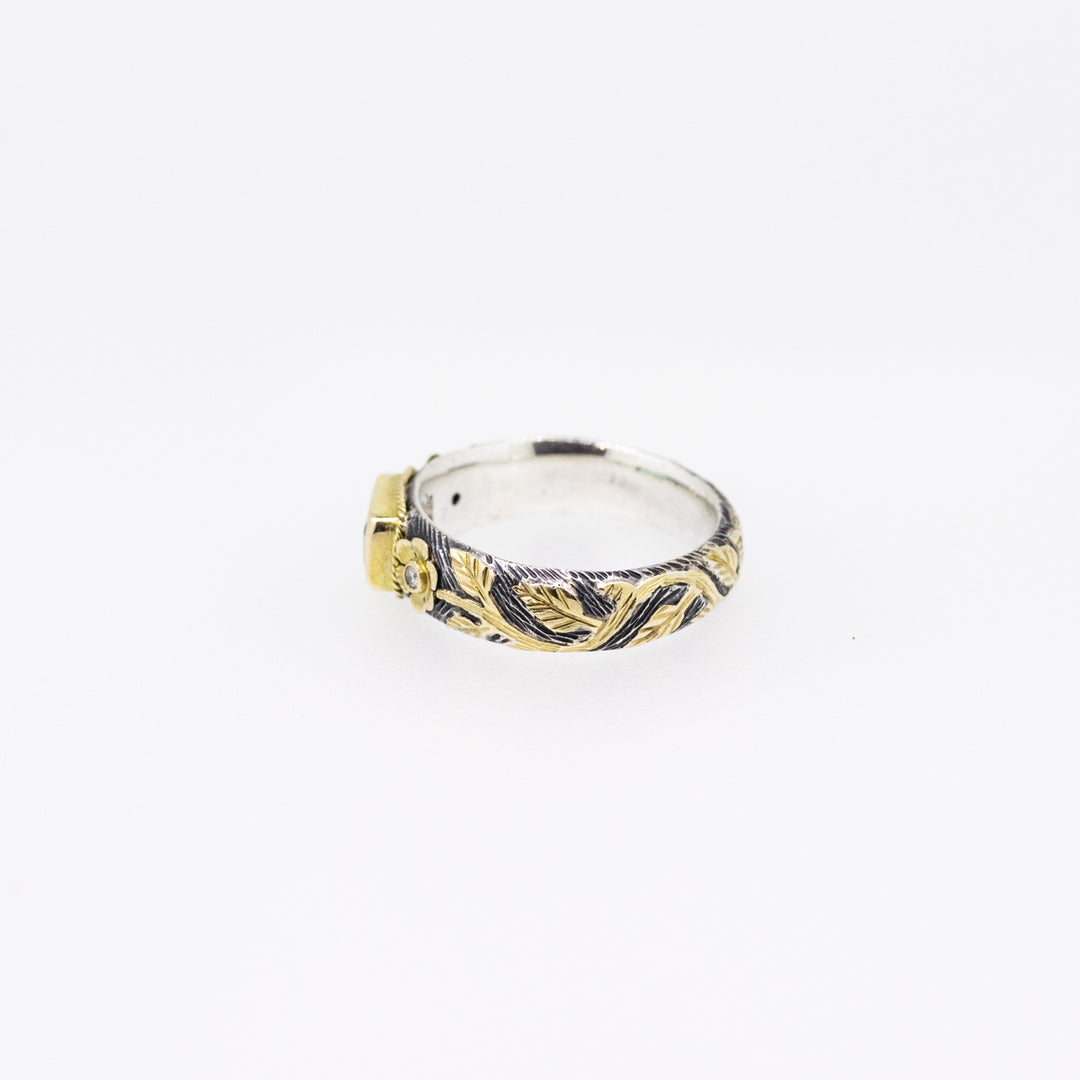 Emerald & Diamond Silver Ring with 18ct Gold Ornaments
