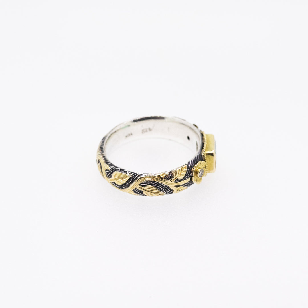 Emerald & Diamond Silver Ring with 18ct Gold Ornaments