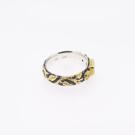 Emerald & Diamond Silver Ring with 18ct Gold Ornaments