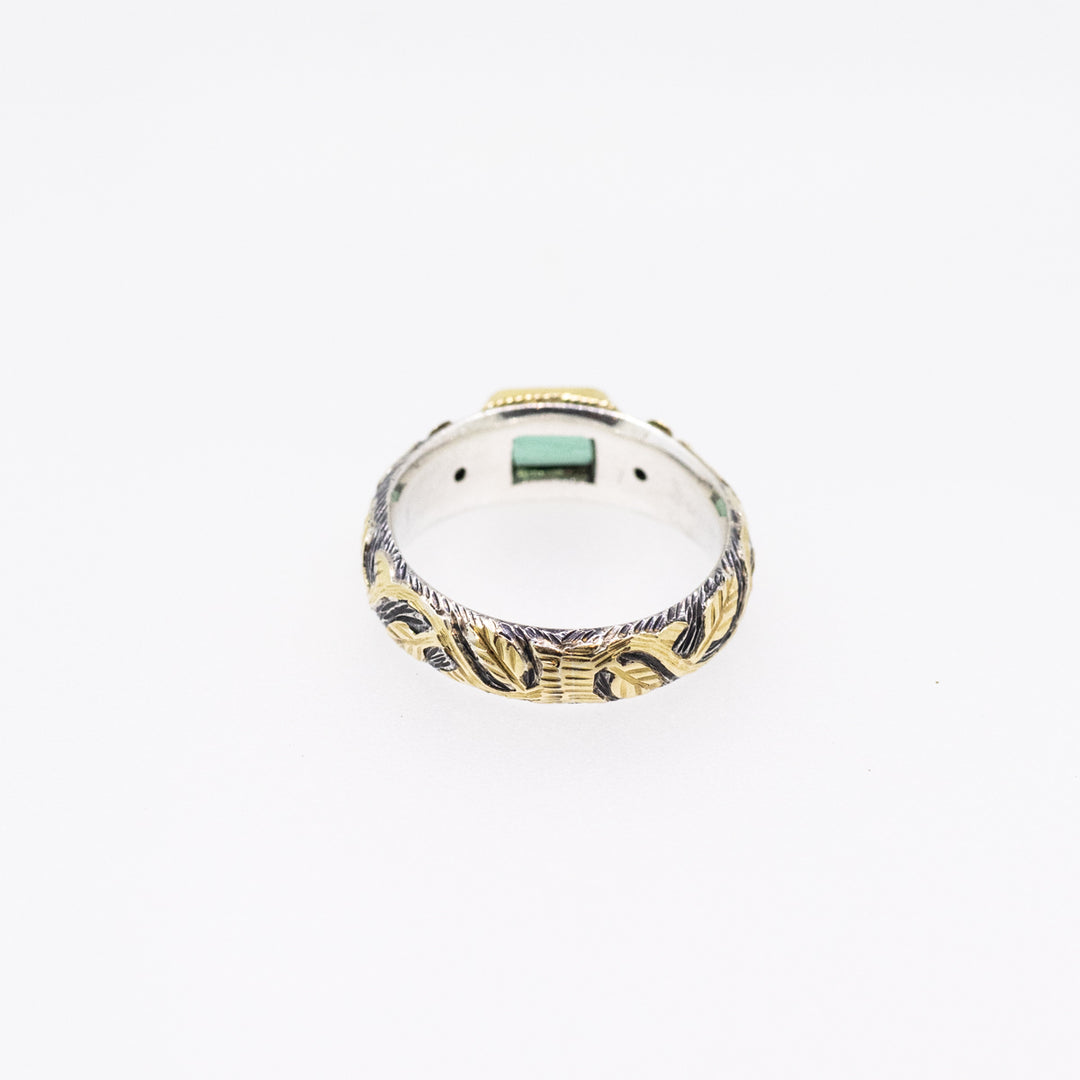 Emerald & Diamond Silver Ring with 18ct Gold Ornaments
