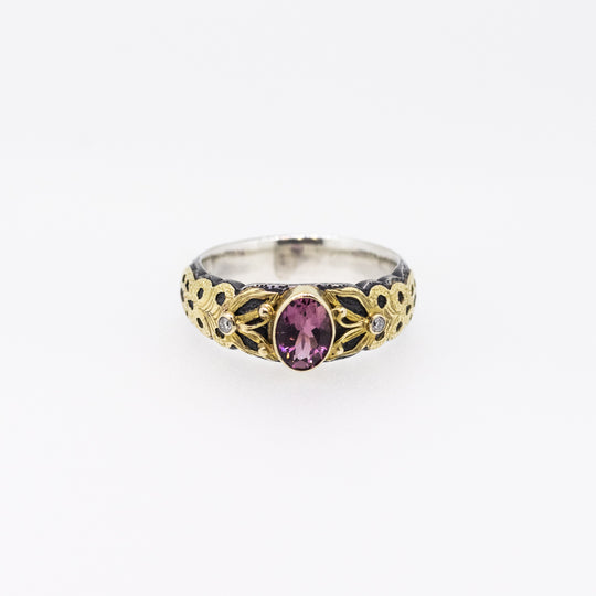 Pink Tourmaline & Diamond Silver Ring with 18ct Gold Ornaments