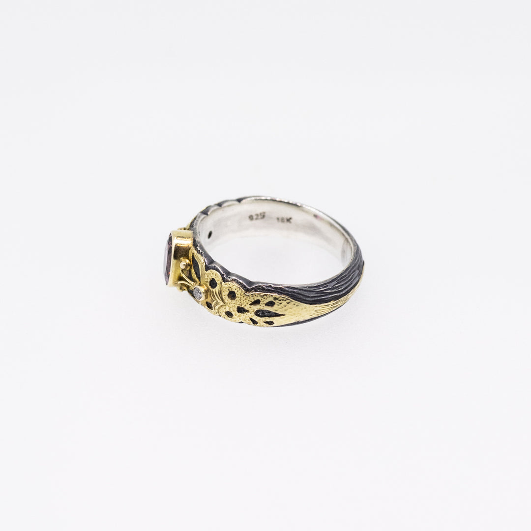 Pink Tourmaline & Diamond Silver Ring with 18ct Gold Ornaments