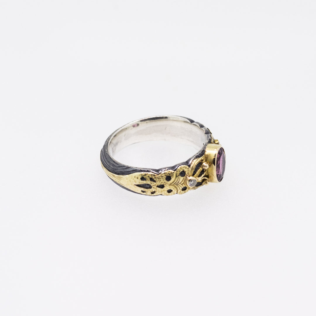 Pink Tourmaline & Diamond Silver Ring with 18ct Gold Ornaments