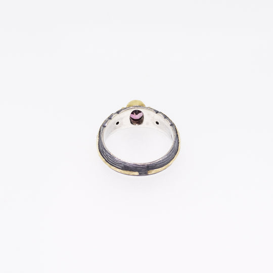 Pink Tourmaline & Diamond Silver Ring with 18ct Gold Ornaments