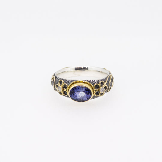 Tanzanite & Diamond Silver Ring with 18ct Gold Ornaments
