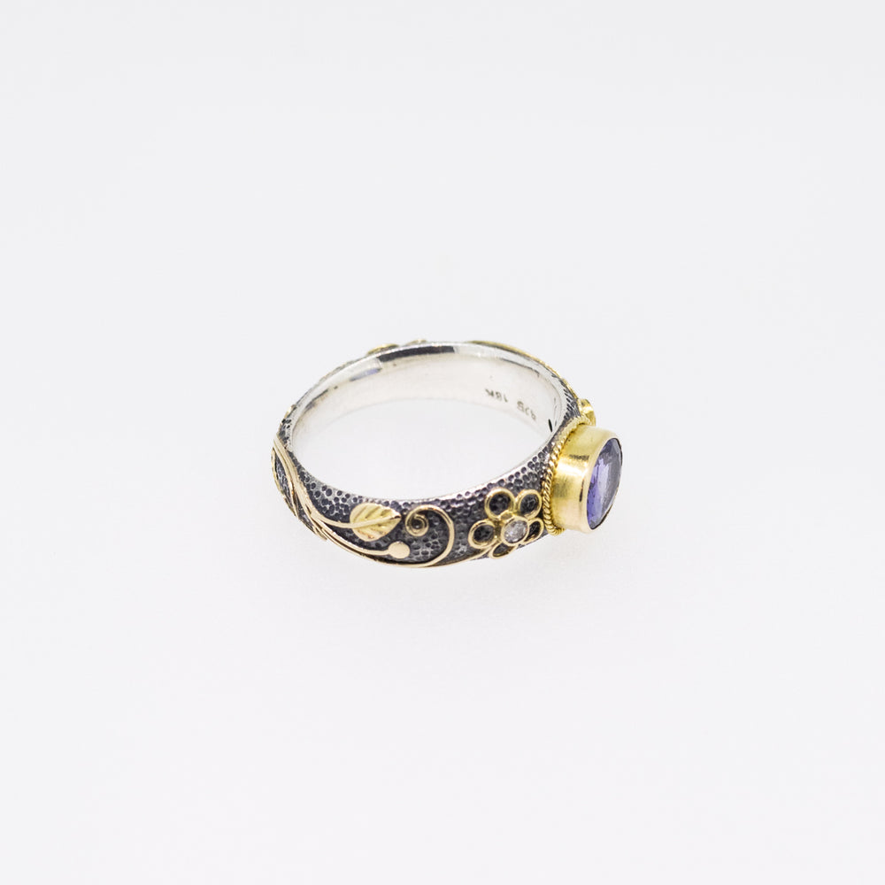 Tanzanite & Diamond Silver Ring with 18ct Gold Ornaments