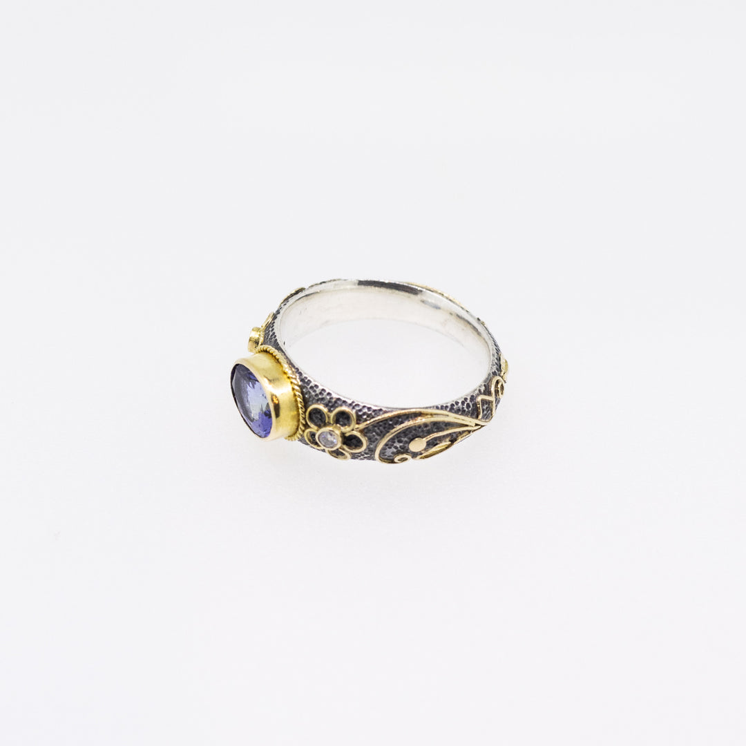 Tanzanite & Diamond Silver Ring with 18ct Gold Ornaments