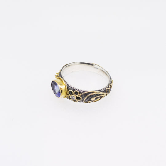 Tanzanite & Diamond Silver Ring with 18ct Gold Ornaments