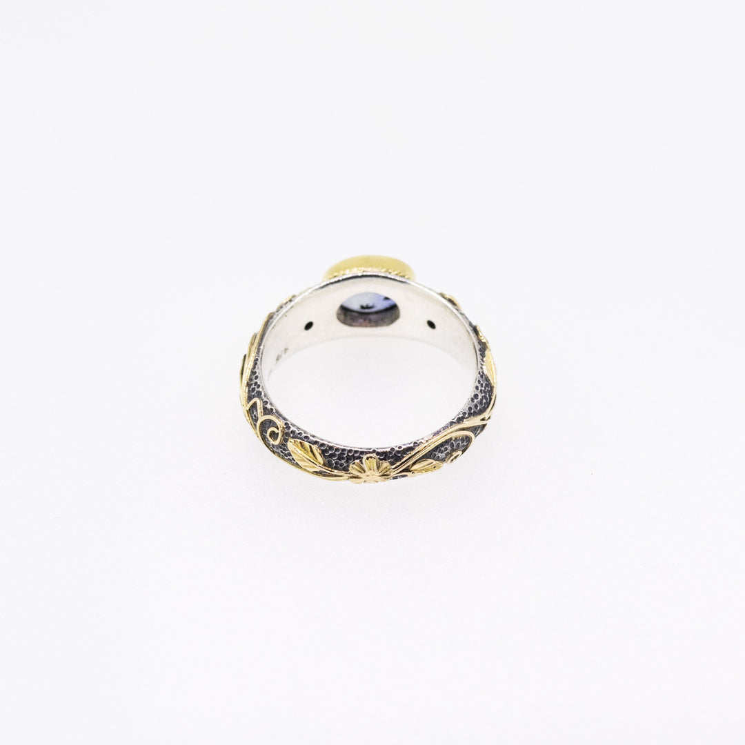 Tanzanite & Diamond Silver Ring with 18ct Gold Ornaments