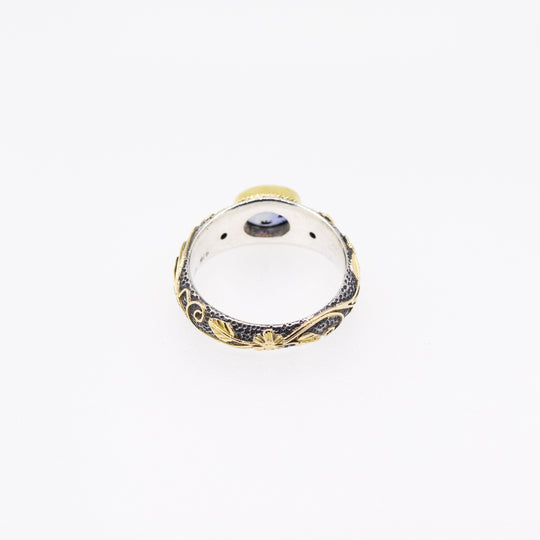 Tanzanite & Diamond Silver Ring with 18ct Gold Ornaments