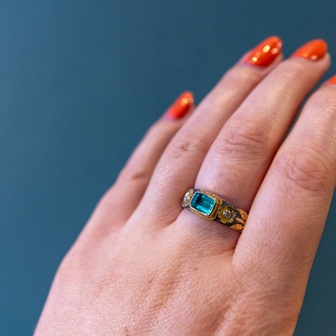 Emerald & Diamond Silver Ring with 18ct Gold Ornaments