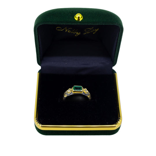 Emerald & Diamond Silver Ring with 18ct Gold Ornaments