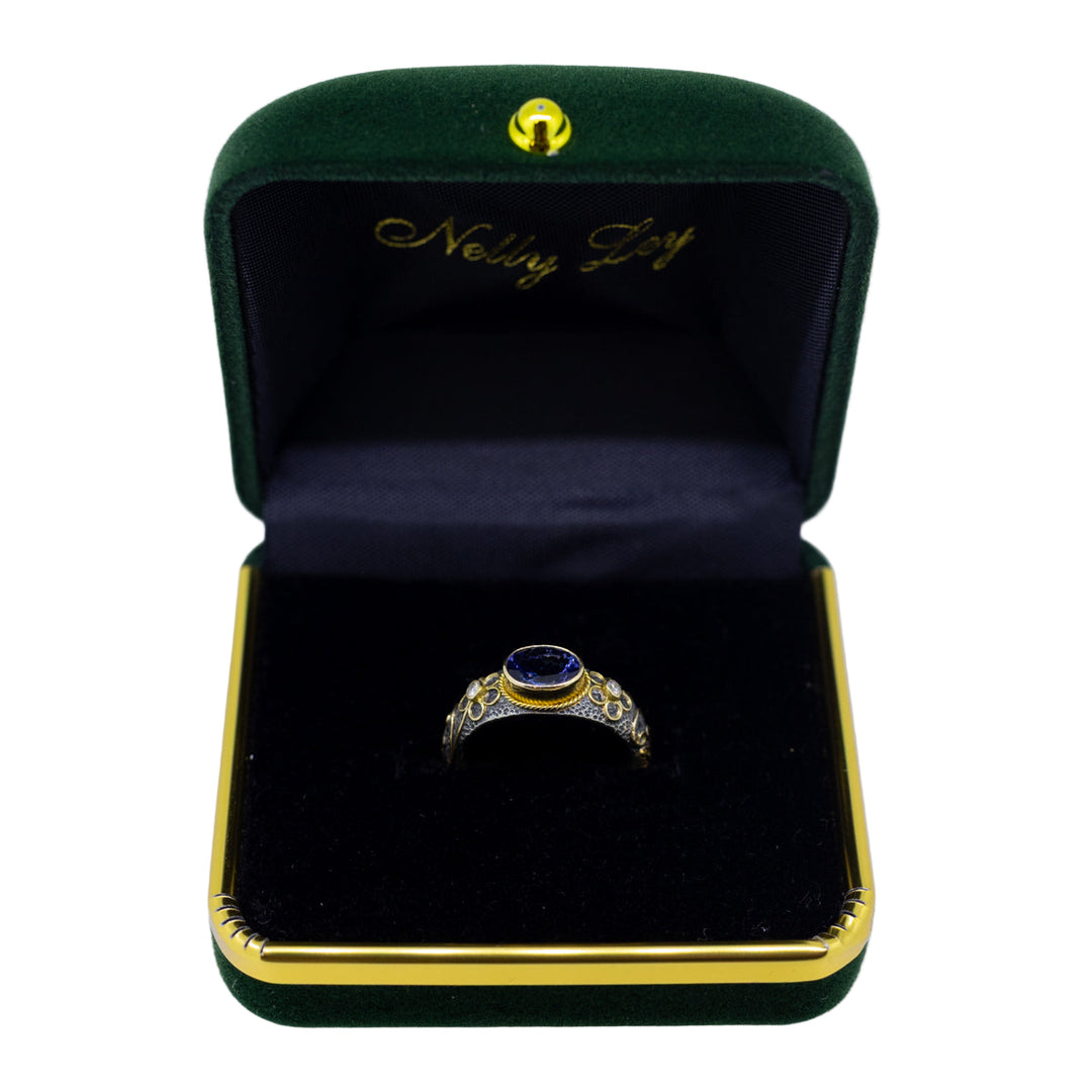 Tanzanite & Diamond Silver Ring with 18ct Gold Ornaments