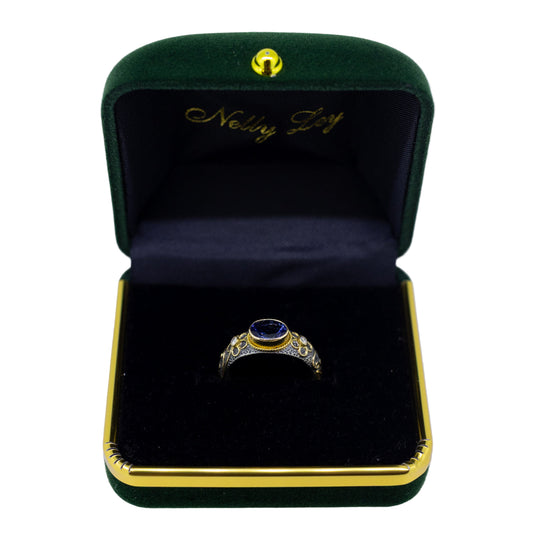 Tanzanite & Diamond Silver Ring with 18ct Gold Ornaments