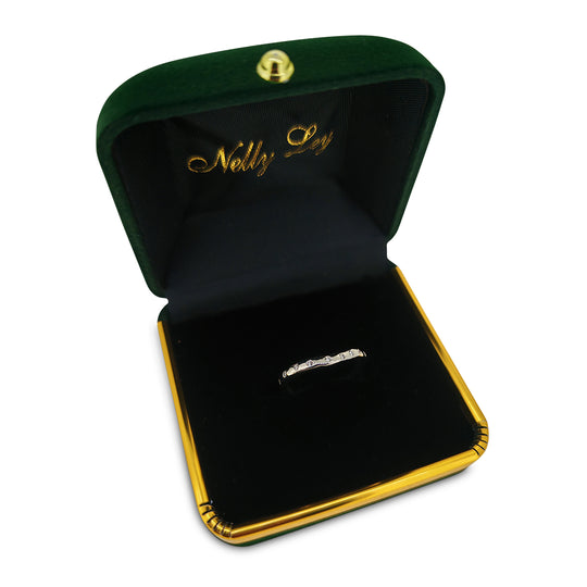 Silver ring with small diamonds on a white background