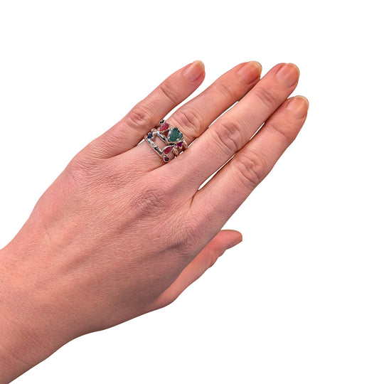 Sterling Silver Multi-Gemstone Ring – Emerald, Ruby, Sapphire & Diamond