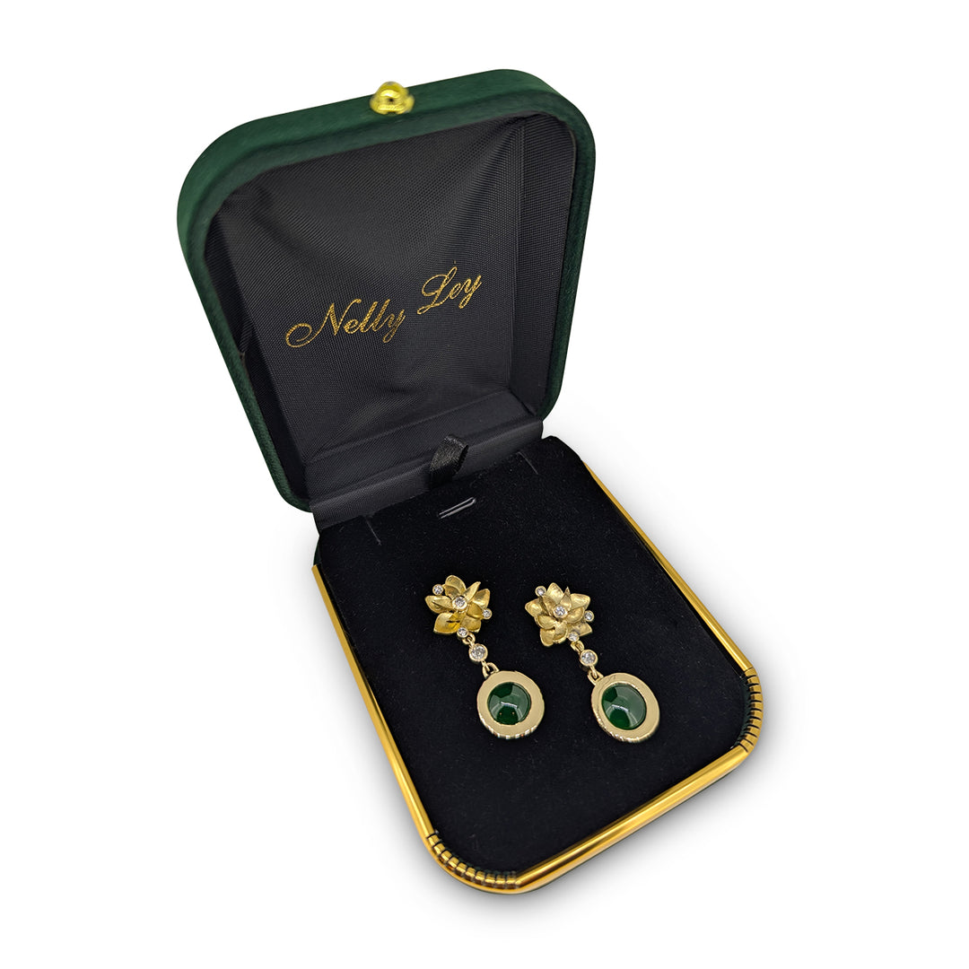Bespoke 18ct Yellow Gold Lotus Flower Earrings – Diamond & Jade Drop Design