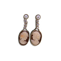 9ct Gold Carved Shell Cameo Earrings with Diamonds and Pearl – Handcrafted Luxury