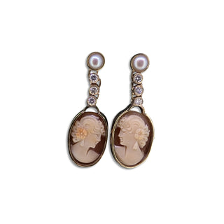 9ct Gold Carved Shell Cameo Earrings with Diamonds and Pearl – Handcrafted Luxury