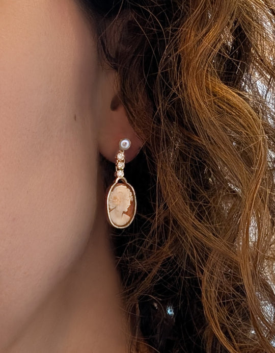 9ct Gold Carved Shell Cameo Earrings with Diamonds and Pearl – Handcrafted Luxury