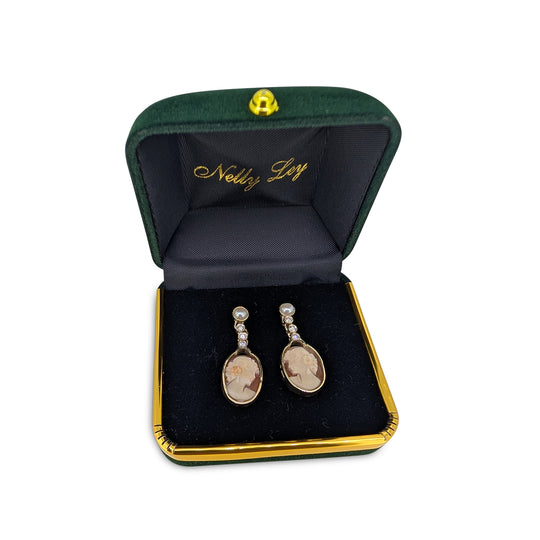 9ct Gold Carved Shell Cameo Earrings with Diamonds and Pearl – Handcrafted Luxury