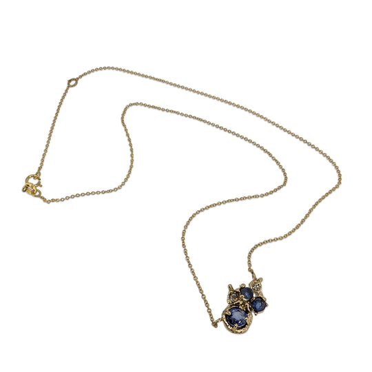 9ct Yellow Gold Sapphire & Diamond Necklace – Handcrafted Artisan Design