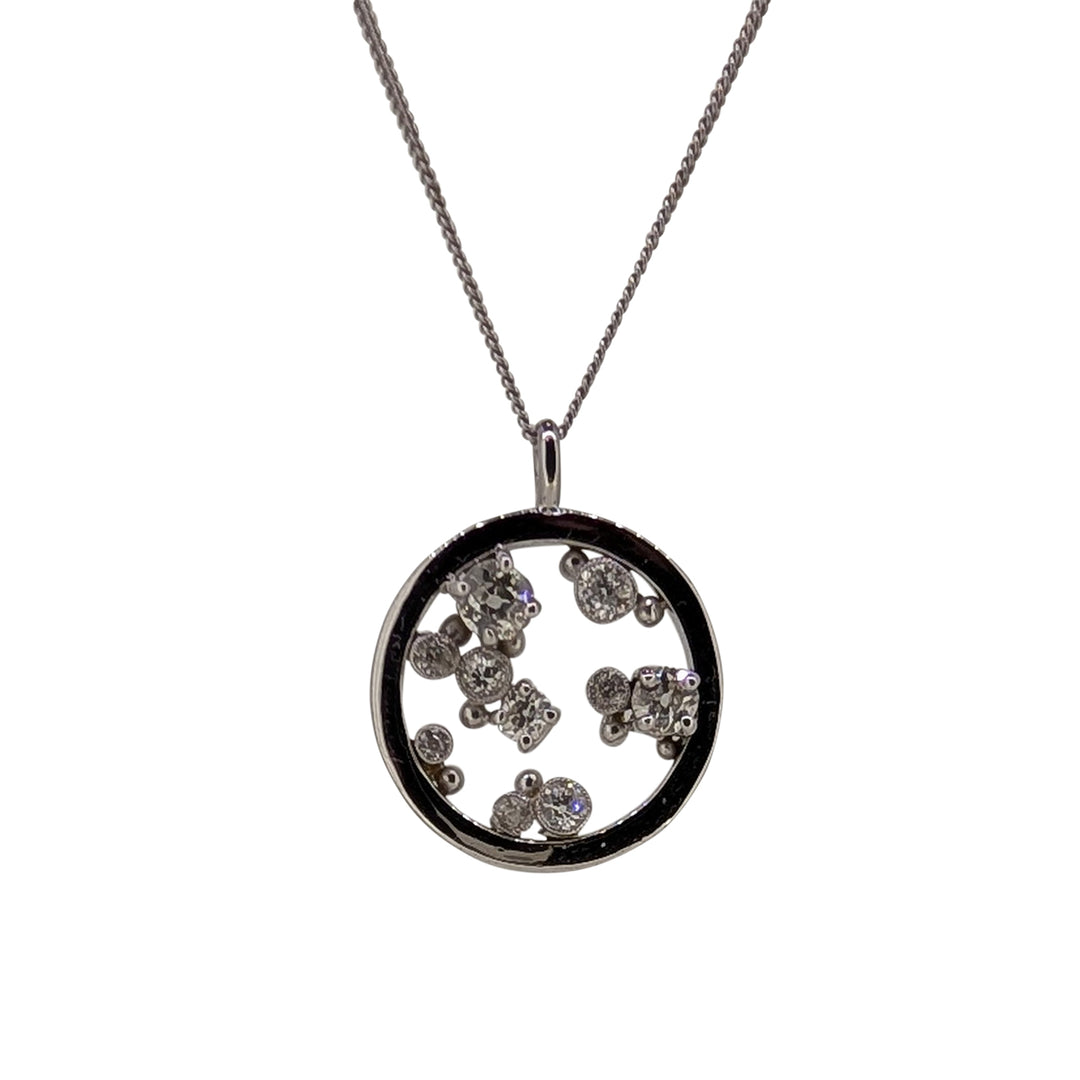 18ct White Gold Old Cut Diamond Circle Pendant – Handcrafted Artisan Design