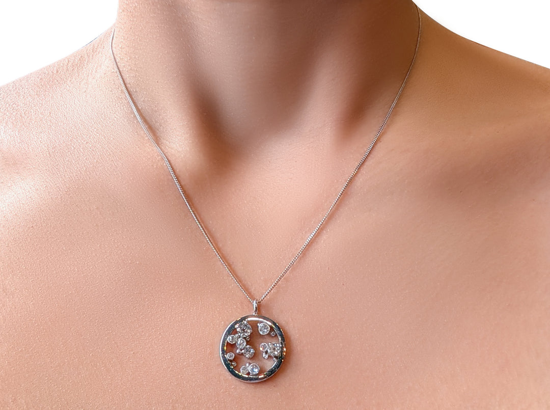 18ct White Gold Old Cut Diamond Circle Pendant – Handcrafted Artisan Design