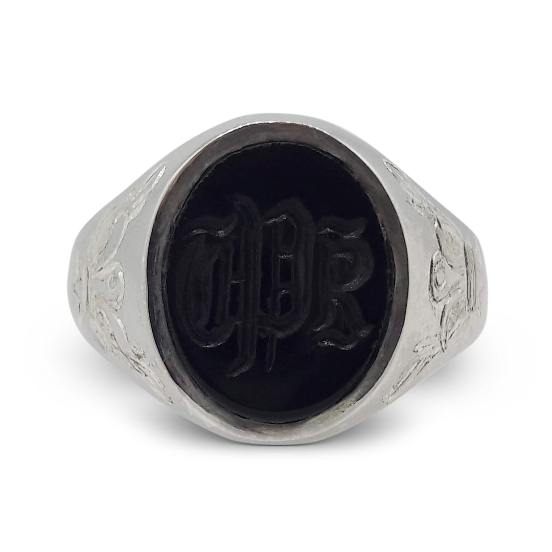 Sterling Silver Signet Ring – Oval Onyx Stone, Personalised Gothic Font Engraving
