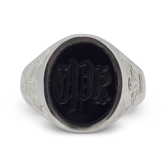 Sterling Silver Signet Ring – Oval Onyx Stone, Personalised Gothic Font Engraving