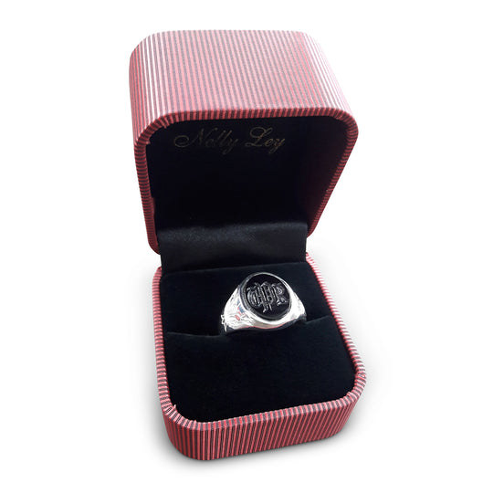 Sterling Silver Signet Ring – Oval Onyx Stone, Personalised Gothic Font Engraving