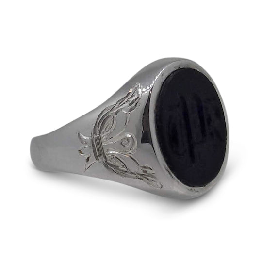 Sterling Silver Signet Ring – Oval Onyx Stone, Personalised Gothic Font Engraving