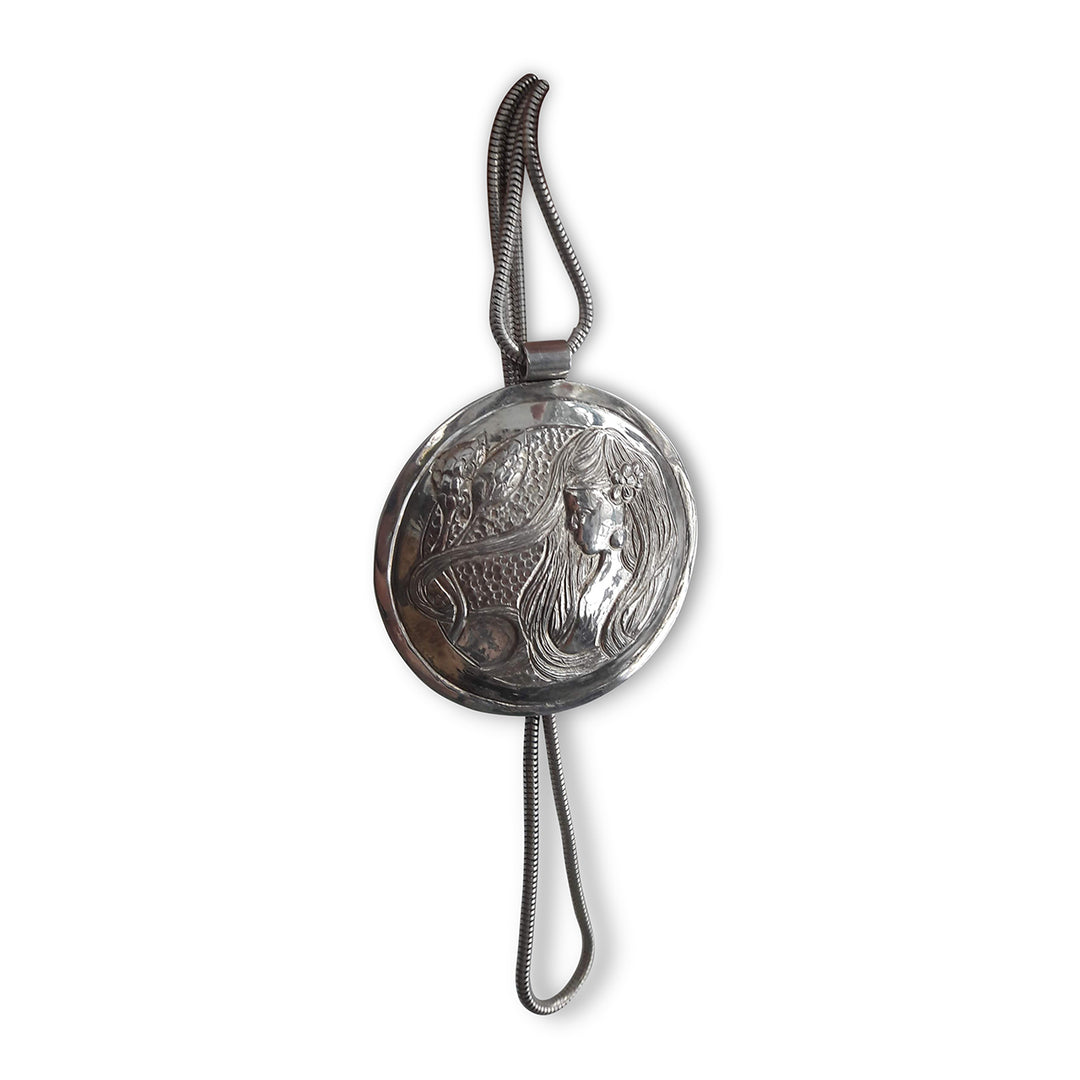 Solid Silver Disk Pendant with Muse & Floral Motif – Repoussé Design