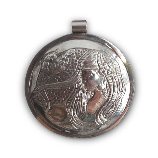 Solid Silver Disk Pendant with Muse & Floral Motif – Repoussé Design