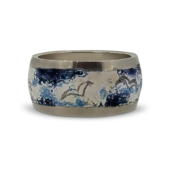 Hand Painted Sterling Silver Enamel Ring- Seagull Motif Unisex Band