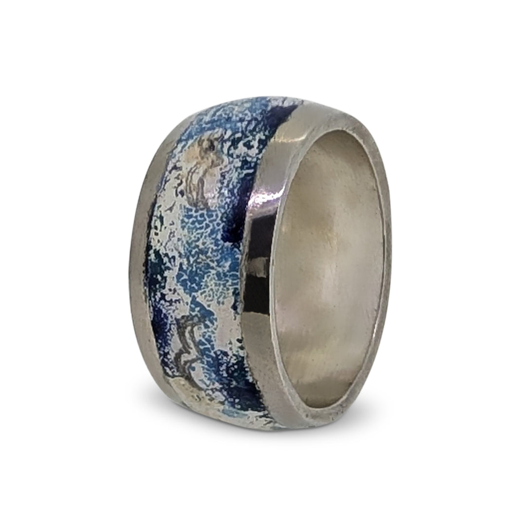 Hand Painted Sterling Silver Enamel Ring- Seagull Motif Unisex Band
