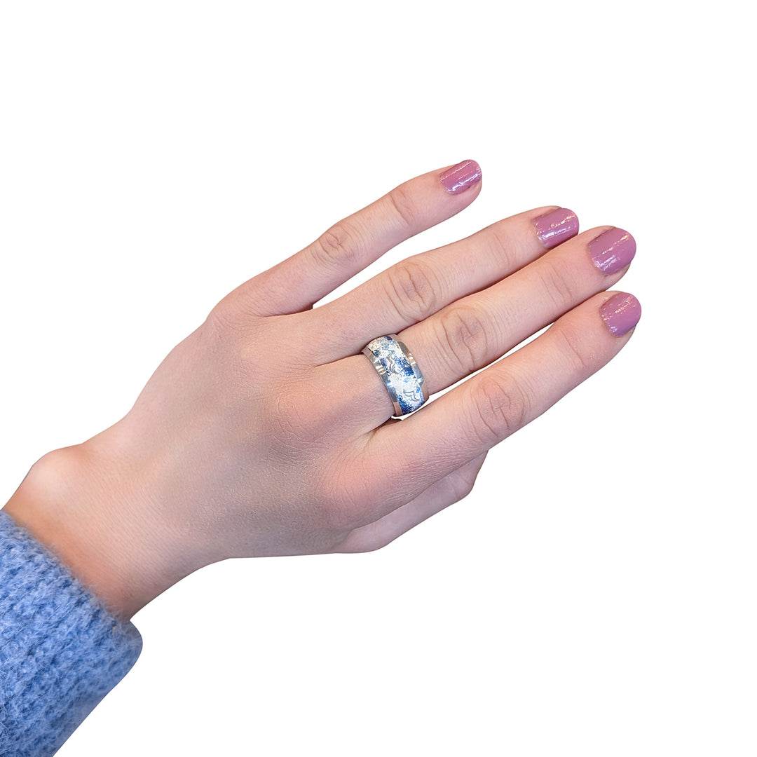 Hand Painted Sterling Silver Enamel Ring- Seagull Motif Unisex Band