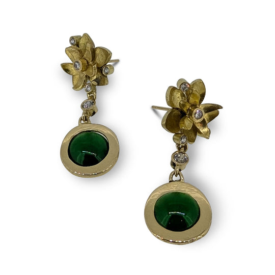 Bespoke 18ct Yellow Gold Lotus Flower Earrings – Diamond & Jade Drop Design