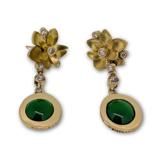 Bespoke 18ct Yellow Gold Lotus Flower Earrings – Diamond & Jade Drop Design