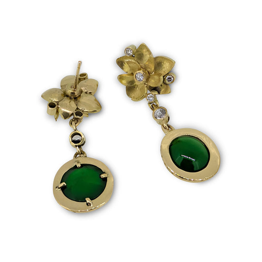 Bespoke 18ct Yellow Gold Lotus Flower Earrings – Diamond & Jade Drop Design
