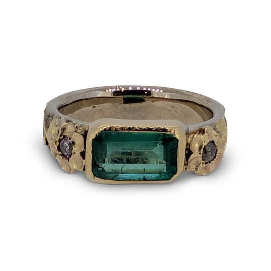 18ct White & Yellow Gold Emerald and Diamond Ring – Zambian Emerald with Floral Design