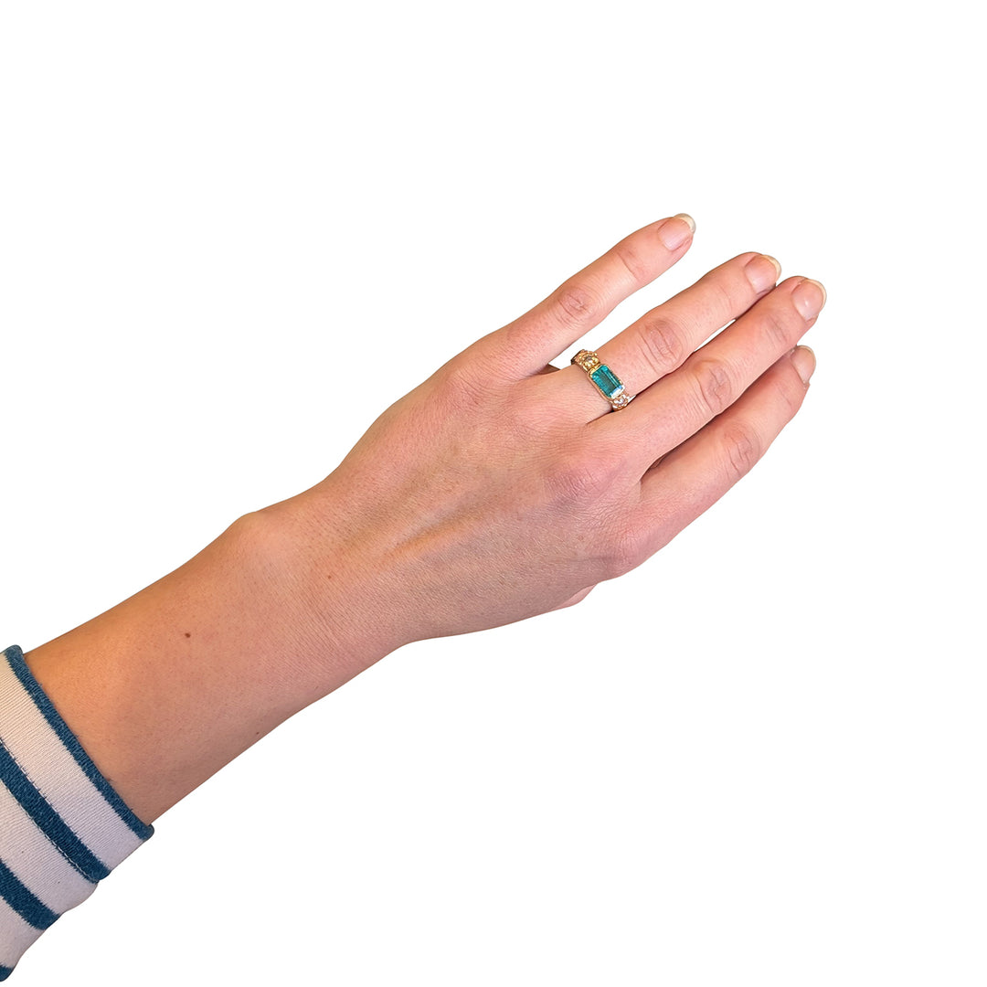 18ct White & Yellow Gold Emerald and Diamond Ring – Zambian Emerald with Floral Design