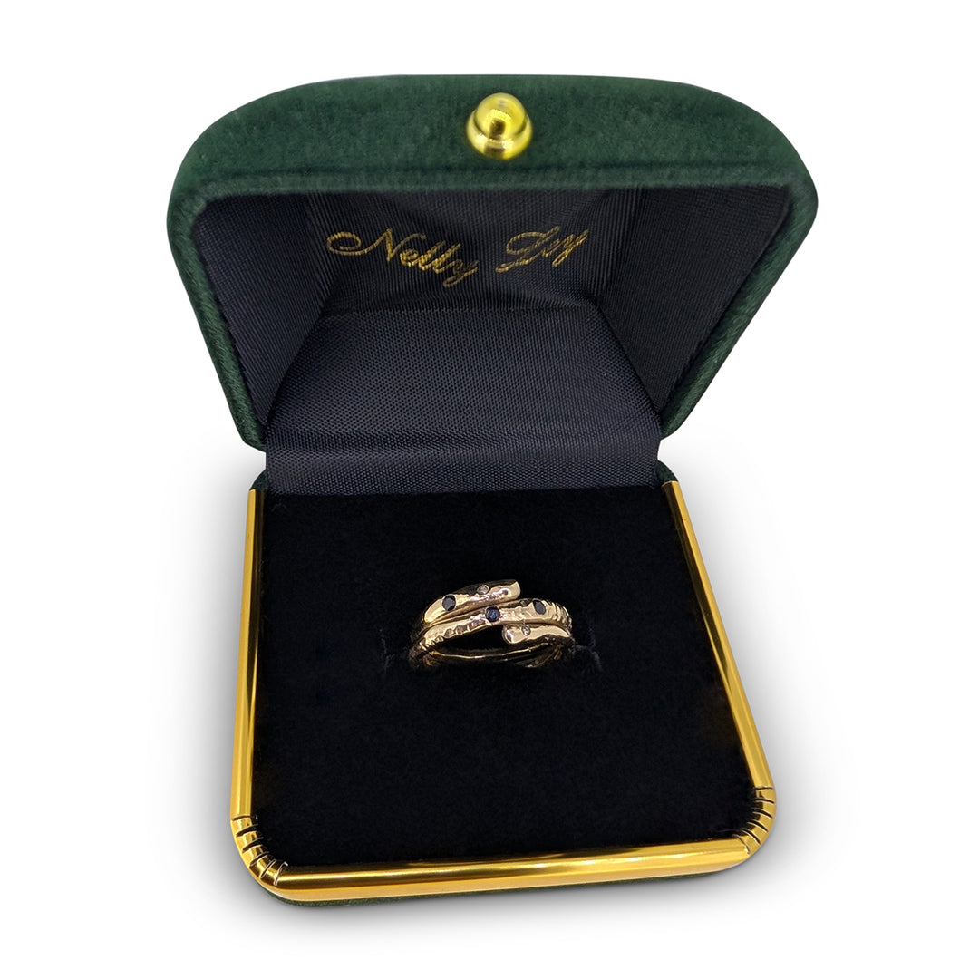 9ct Yellow Gold Sapphire & Diamond Swirl Ring – Handcrafted Artisan Design